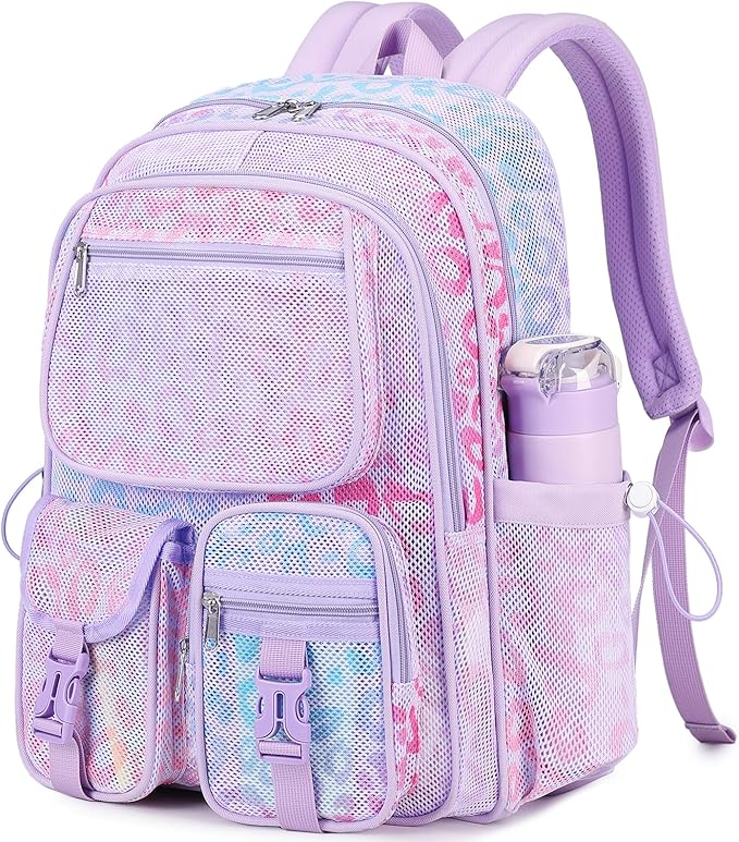 MOONBABY Mesh Backpack Heavy Duty See Through Net Bookbag Semi-Transparent Net Back Pack for Beach, Swimming, Sports, Work, Travel (Purple Leopard)