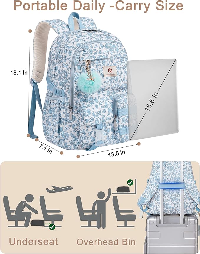 School Backpack for Teens Girls Women 15.6 Inch Laptop College Backpacks Corduroy Work Bag Kids Elementary Middle High School Bookbag Students Back Pack Anti Theft Travel Daypack Womens-Blue Floral