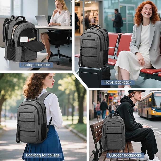 GMAK Travel Laptop Backpack for Men & Women, Business Anti Theft Laptops Backpacks with USB Charging Port, Fits 15.6 Inch Notebook, Water Resistant College School Computer Bag for Travel Sports, Grey