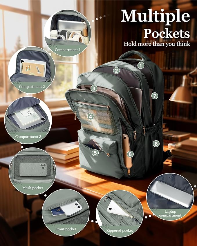 Cute High School Backpack for Women Men, Large Capacity Middle School Bag, Lightweight Bookbag for Teens Boys Girls, Waterproof College Backpack with lots of Pockets, Green