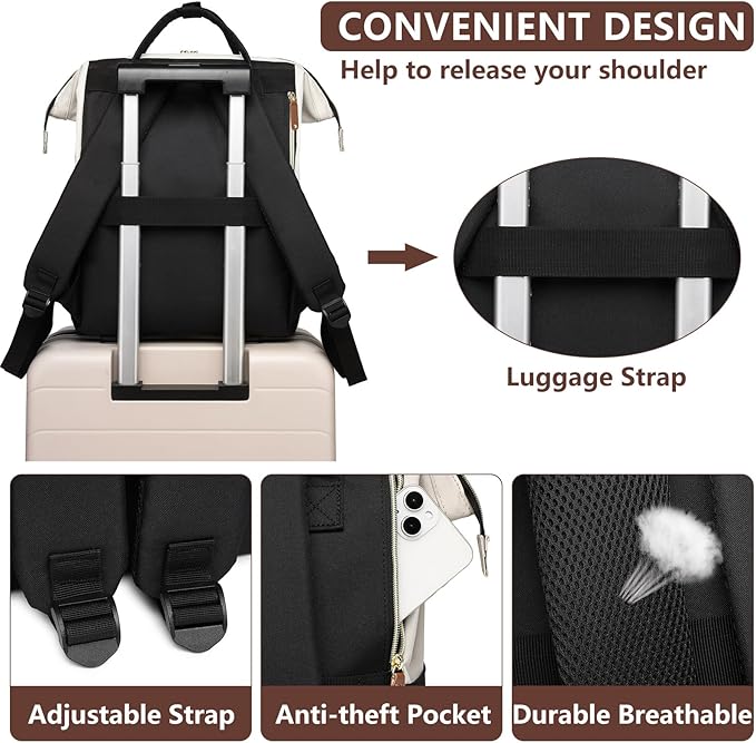 Laptop Backpack for Womem Work Bags: 18 Inch Anti Theft FashionTravel BackPacks With USB Charging Port Durable Back Pack Purse Bussiness Daypack for Nurse Teacher Beige Black Brown