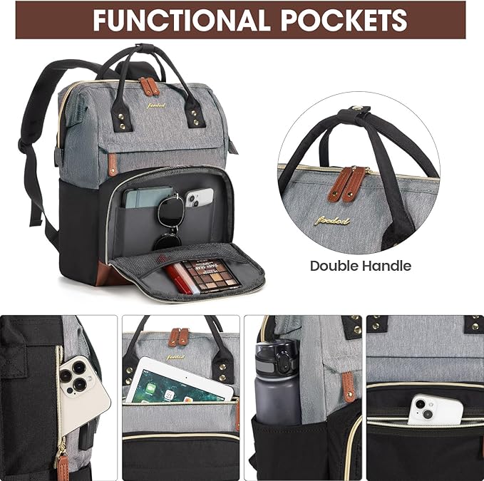 Laptop Backpack 15.6 Inch Professional Womens Purse Computer Bag Nurse Teacher Backpack Waterproof College Work Bags Carry on Travel Back Pack with USB Port, Black-Grey-Brown