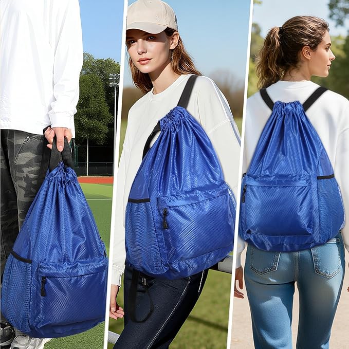 Drawstring Backpack, Gym Bag with Water Bottle Pocket, Waterproof String Backpack for Soccer, Basketball, Swim for Women Men (Blue
