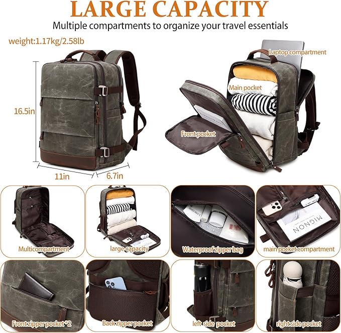 BOVIP Travel Backpack for Men, Carry On Backpack, Flight Approved Personal Item, 17 inch Laptop Backpack, Light Green