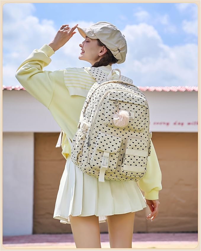 School Backpack for Teens Girls Women 15.6 Inch Laptop College Backpacks Corduroy Work Bag Kids Elementary Middle High School Bookbag Students Back Pack Travel Daypack Womens-Corduroy Beige Heart-1