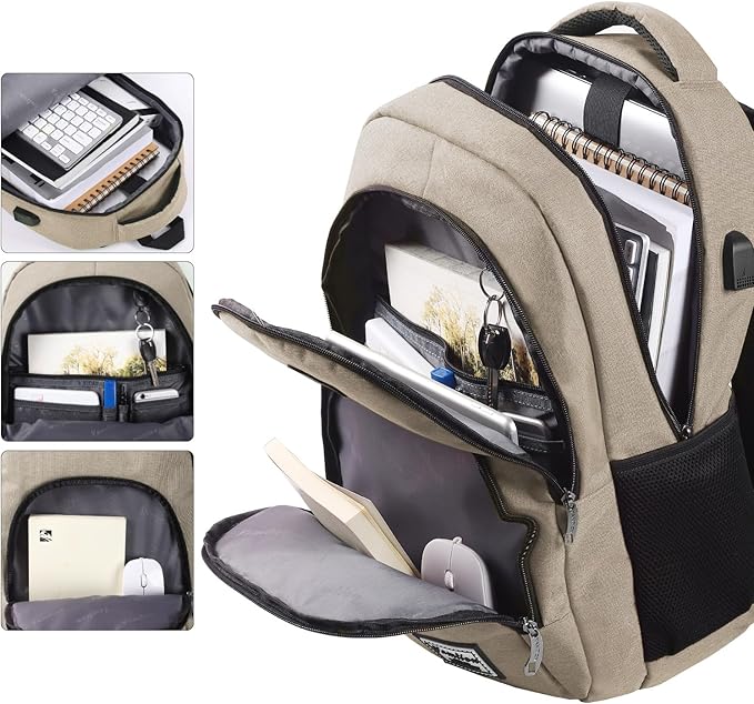 YAMTION School Backpack with USB Charging Port for Laptop College Travel Work Office Teens Beige Beige 15.6 Inches