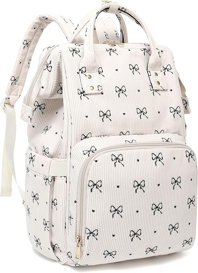 Laptop Backpack for Women, Corduroy College School Backpack Bookbag 15.6 inch Business Computer Travel Backpack (Bow Tie)