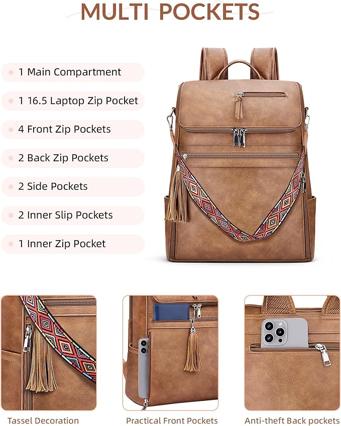 Leather Laptop Backpack for Women Designer Laptop Bag, 16.5 inch Travel Computer Backpacks Purse with Tassel for Work Business with Satchel Purse Brown