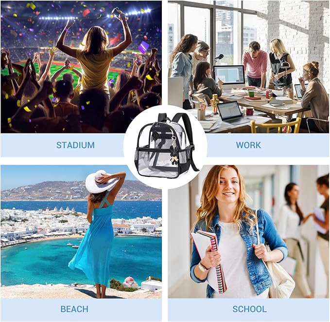 Clear Backpack for Stadium Events Approved 12×6×12, Thick TPU Mini Clear Bag with Front Pocket for Concert Sport Events Work Travel, Black Transparent