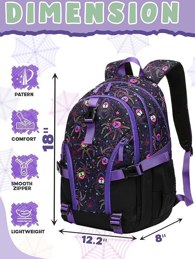 BLUEFAIRY High School Backpack for Girls Boys Middle School Bookbag for Kids Back to School Bag for College with Large Compartment Casual Daypack Mochilas para Niñas Adolescentes 18" Black Purple
