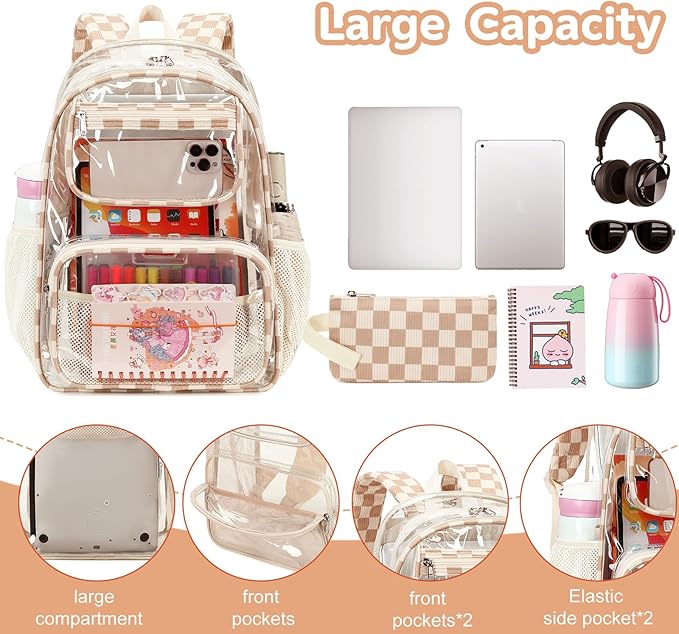 Bluboon Clear Backpack Heavy Duty Kids Boys Clear Bookbag See Through Backpacks with Pencil Case for College Work (Transparent Brown white Checked)