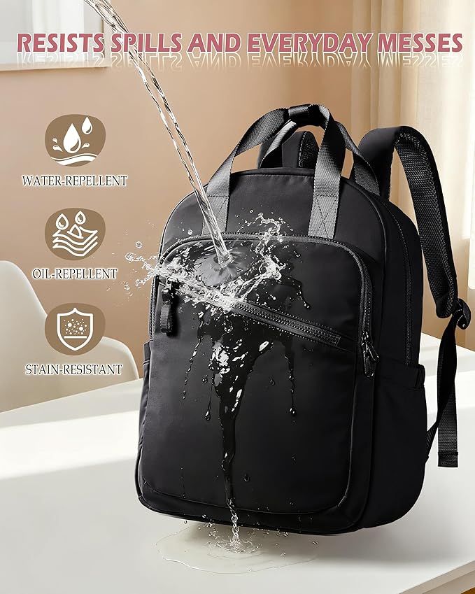 Women Backpack with 15.6” Laptop Sleeve for Travel, Work and College, Lightweight Water-resistant Backpack for Women with 8 Pockets, Black
