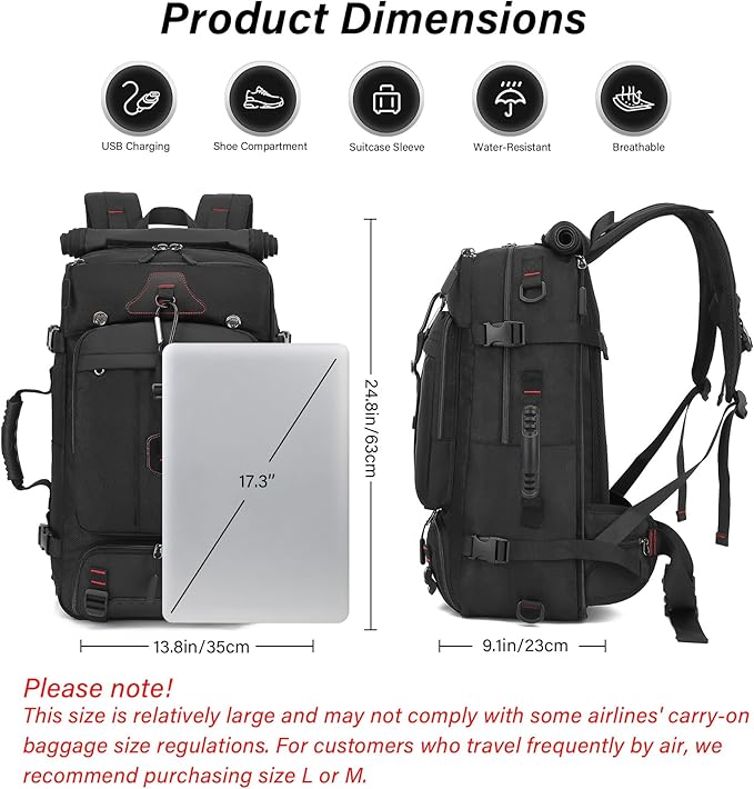 Travel Backpack for Men & Women, 60L Extra Large Backpack Durable Convertible Duffle Bag Fit for 18 Inch Laptop with Shoe Compartment, Wet Pocket