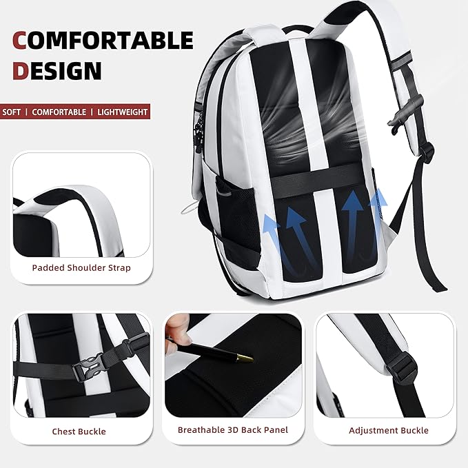 AO ALI VICTORY Women's Laptop Backpack 15.6 inch,Travel Backpack for Men,College Bookbag, Lightweight Outdoor Sport Hiking Back Pack, Everyday Daypack, White