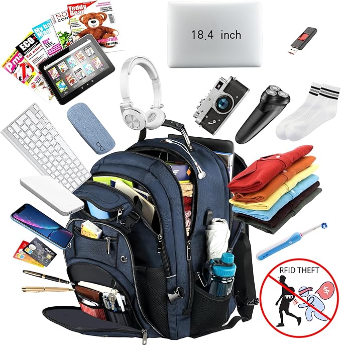 VECKUSON 18.4 Laptop Backpack for unisex, 60L Extra Large Gaming Laptops Back Bag with USB Charger Port,TSA Friendly Flight Approved and RFID Anti-Theft Pocket Heavy-duty Pack,21.3*15.7*11.8inch Blue