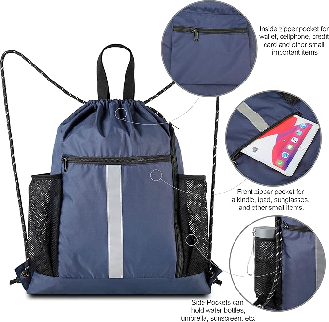 BeeGreen Gym-Drawstring-Backpack-Bag With Shoe Compartment and Two Water Bottle Holder Large String Backpack Sports Bag Athletic Sackpack For Men Women