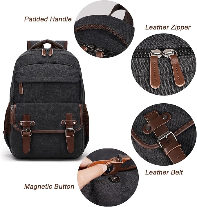 Canvas Laptop Backpack with USB Charging Port, Vintage Daypack for Men Women, Black Travel Work Rucksack College Computer Bag Bookbag Fits 15.6 Inch Lapop, Black