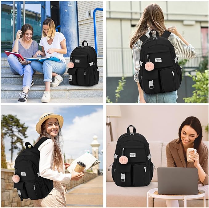 Backpack for Teen Girls, 17.3 Inch Laptop Backpack Cute Kids Bookbag for Middle School College Students, Large School Bag for Women (Black)