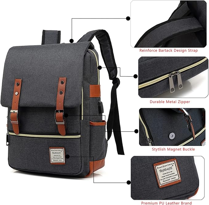 UGRACE Vintage Laptop Backpack with USB Charging Port, Elegant Water Resistant Travelling Casual Daypacks College Shoulder Bag for Men Women, Fits up to 15.6Inch Laptop in Black