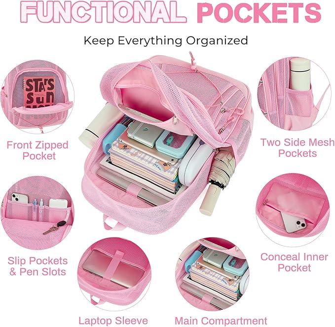 Mesh Backpack, Heavy Duty Mesh Bookbag for Girls Boys Kids, See Through Clear Backpacks, Net Backpack Transparent Breathable for School Beach Swim Travel Outdoor, Pink