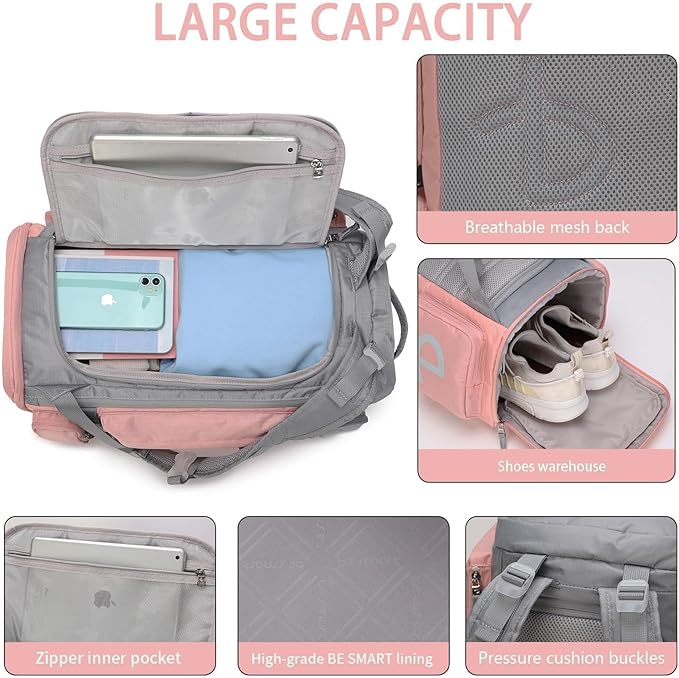 BE SMART 2 in 1 Convertible Gym Duffel Bags with Shoes Compartment-32L Waterproof Extra Large Workout Backpack for Gym Women, Heavy Duty Sports Duffle Backpacks for Travel, Hiking, Camping, Carry on