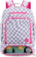 J World New York 2-in-1 Insulated Backpack Lunch Box for Kids. Adult School Bookbag, Lavender Checkers