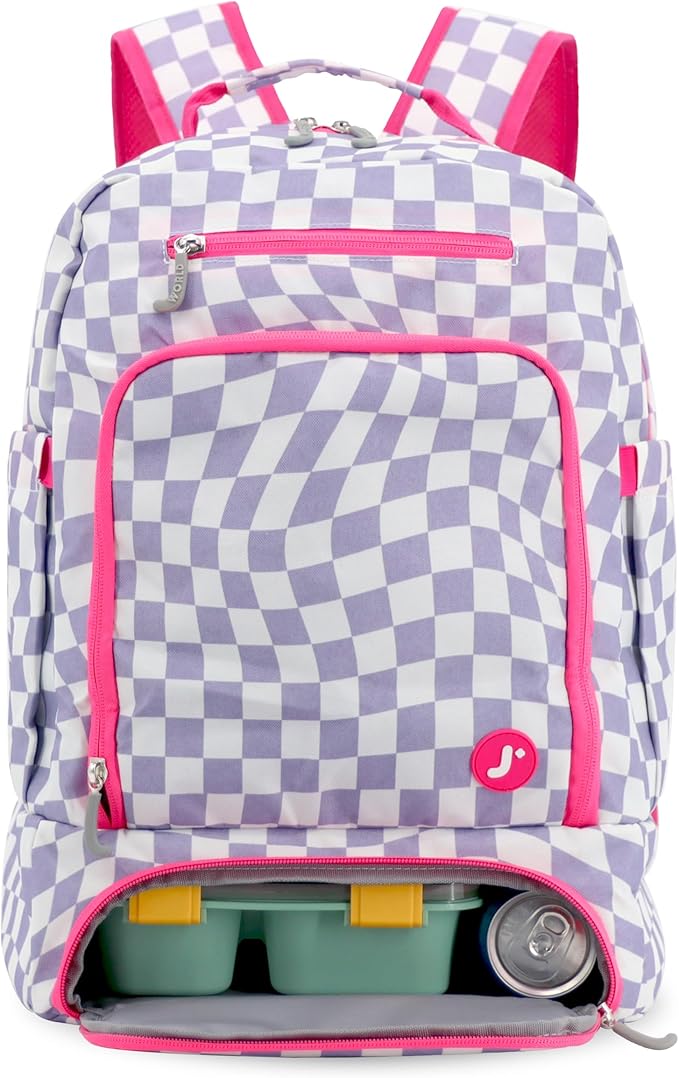 J World New York 2-in-1 Insulated Backpack Lunch Box for Kids. Adult School Bookbag, Lavender Checkers