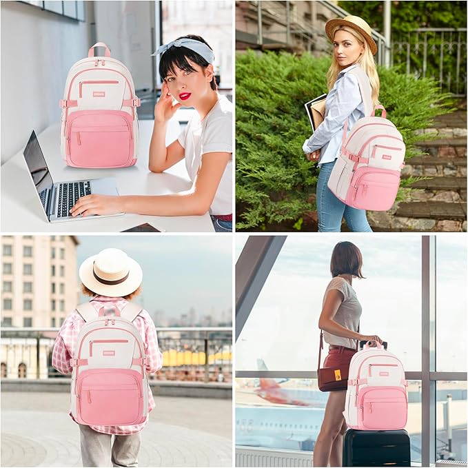 Backpack for School Girls, Cute High School Backpacks for Teens Women Student Large Bookbag 15.6 Inch Laptop Bag with USB Charger Port for College Work Travel Trip (Pink Beige)