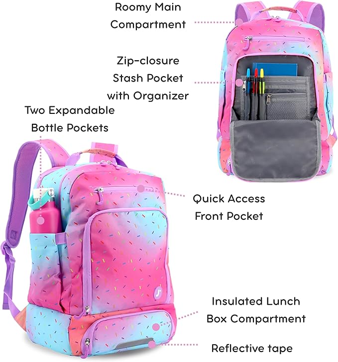 J World New York 2-in-1 Insulated Backpack Lunch Box for Kids. Adult School Bookbag, Confetti