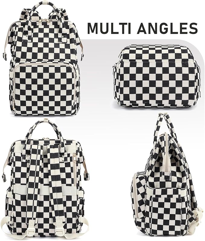 Laptop Backpack for Women, Corduroy College School Backpack Bookbag 15.6 inch Business Computer Travel Backpack (Checkered Black)