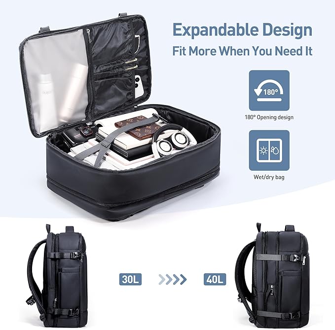 SHOWKOO Laptop Backpack for 17 Inch Laptop, 40L Expandable Large Capacity Backpack, TSA Carry On Travel Backpack with Padded Laptop Compartment, Water-Resistant College & Commuter Bag, Black