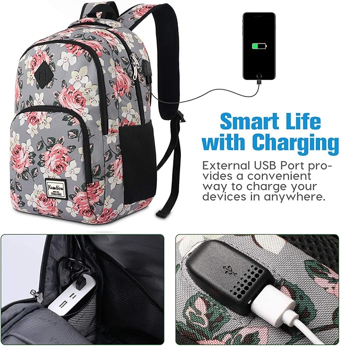 YAMTION Backpack for Women,School Backpack for Teen Girls College Backpack with USB Charging Port,Gray-Flower