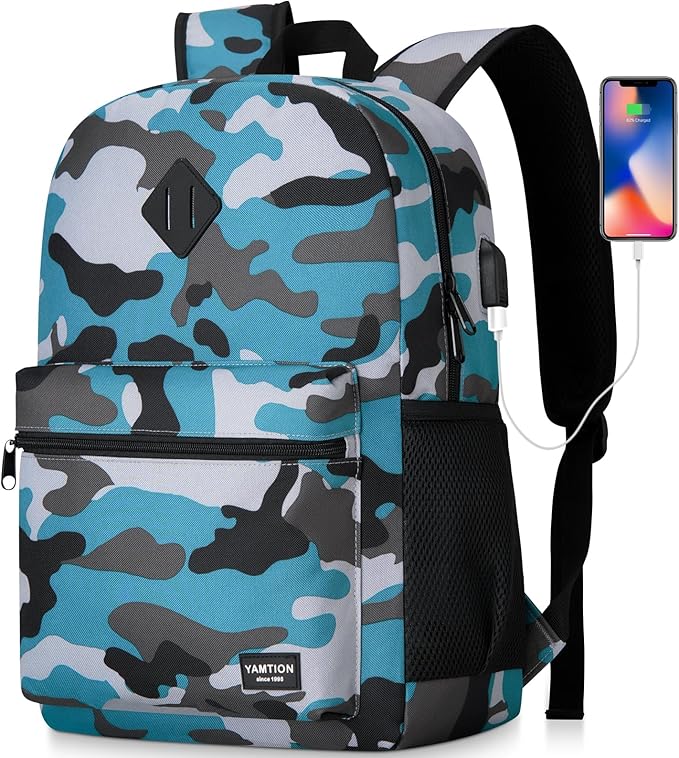 YAMTION School Backpack,Bookbag Men and Teen Boy Schoolbag with USB Charging Port for High School College