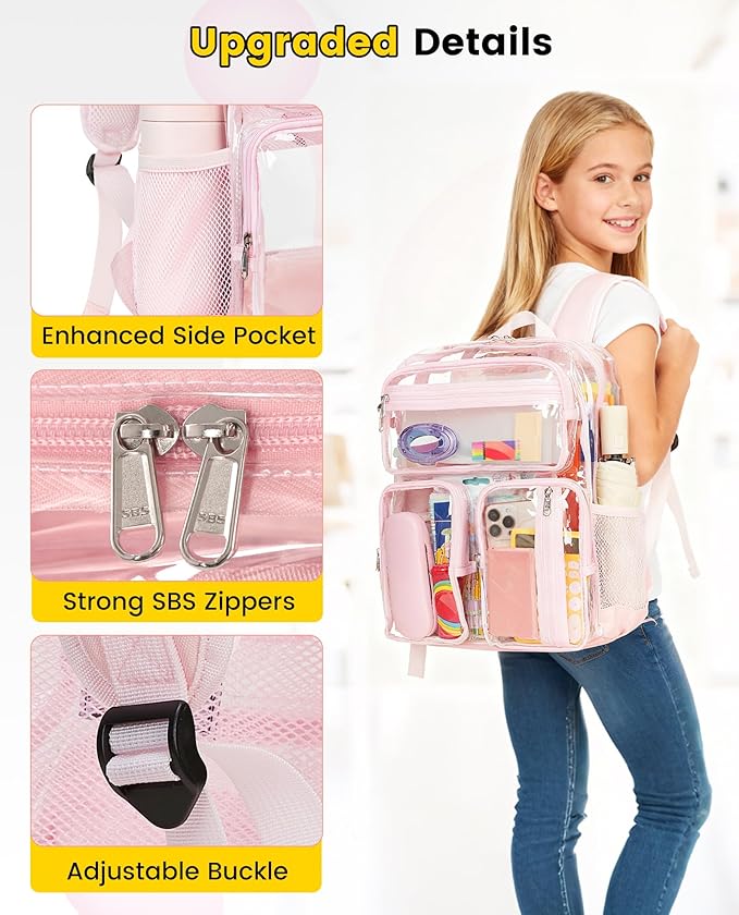 Vorspack Clear Backpack Heavy Duty - Large Clear Bookbag Transparent See Through Backpacks for College Work Festival - Light Pink