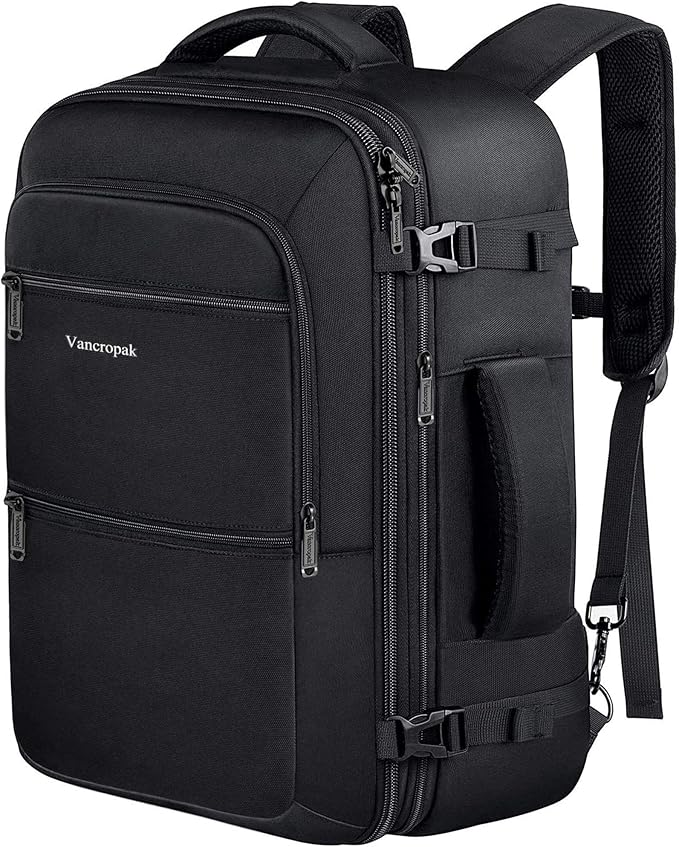 Vancropak Carry On Backpack, 40L Expandable Extra Large Travel Backpack, Flight Approved Water Resistant Luggage Suitcase Daypack, Lightweight College Business Weekender Bag for Men & Women, Black
