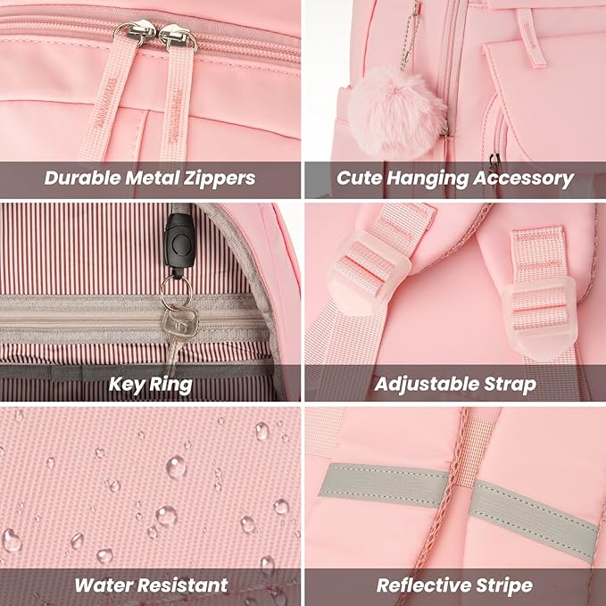 School Backpack for Teen Girls, Cute College Backpacks for Women Students Aesthetic Bookbag Large 15.6 Inch Laptop Bag Middle School Travel Back Pack (Pink)