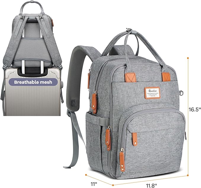 RUVALINO Diaper Bag Backpack-Expandable Baby Bag with up to 50% Capacity -Baby Essentials Bag with Changing Pad Insulated Bottle Holders & Pacifier Case, Waterproof, Gray XL