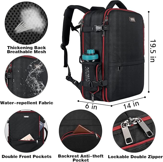 Mogplof Carry on Backpack for Men, 19.5"x14"x6" Expandable Travel Backpack Flight Approved, Extra Large Backpack Suitcase, Water Resistant Luggage Backpack Fit for 17 17.3 Inch Laptop, Black