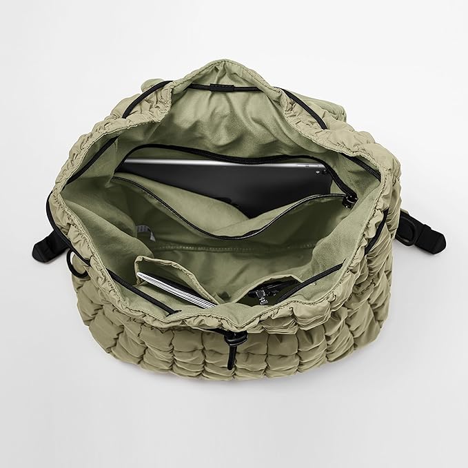 ODODOS Quilted Backpack 2.0 for Women Lightweight Puffer Hiker Pack Drawstring Padding Travel Gym Bag, Gray Green