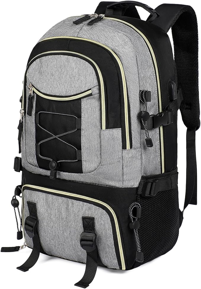 GAEKEAO Travel Backpack For Women Men Airline Approved 16 Inch Carry On Backpack with USB Charging Port Lightweight Casual Daypack for Hiking Business College Black with Grey