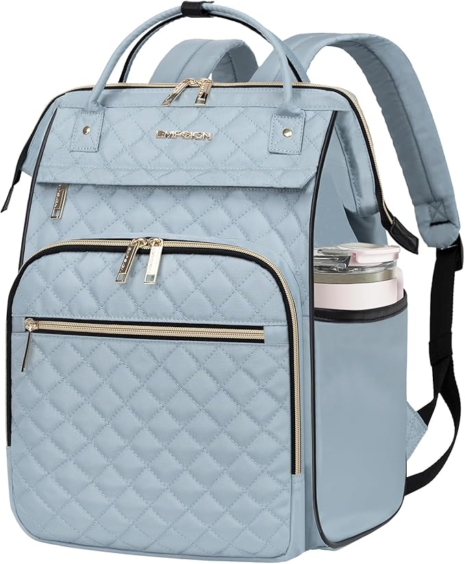 EMPSIGN 17 Inch Laptop Backpack for Women, Work Business Travel Computer College Bags, Large Capacity Water-repellent Quilted Casual Daypack with USB Port, Light Blue
