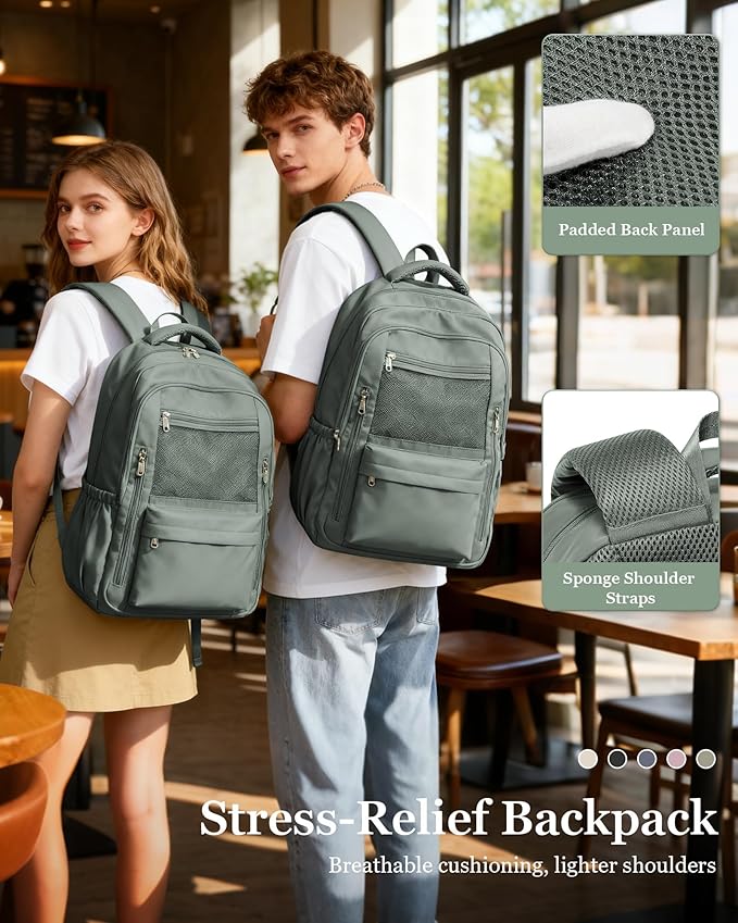 Cute High School Backpack for Women Men, Large Capacity Middle School Bag, Lightweight Bookbag for Teens Boys Girls, Waterproof College Backpack with lots of Pockets, Green