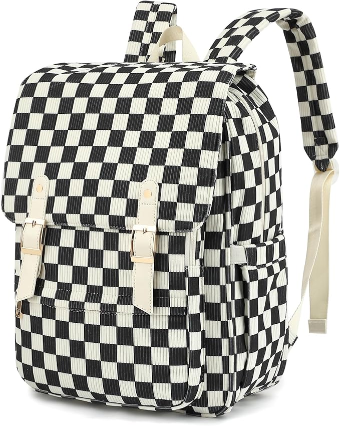 Women Laptop Backpack, Corduroy 15.6" Travel Backpack for Work College Business, Teacher Nurse Bag with Large Capacity School Bookbag Bags for Girls - Checkered Black