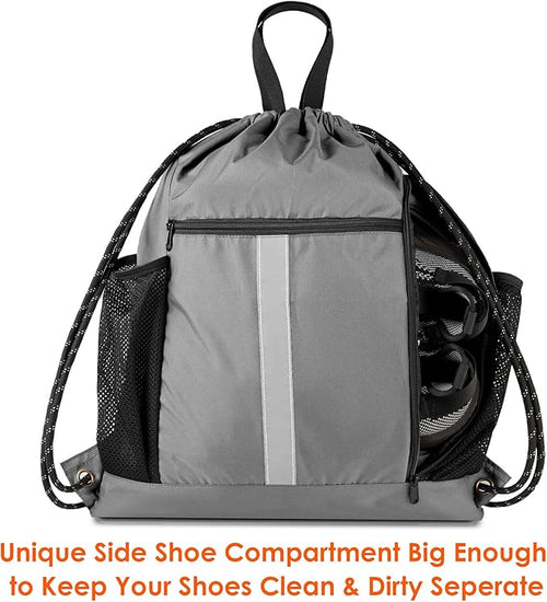 BeeGreen Grey Drawstring Bag Pack Gym Sackpack w Shoe Compartment Two Water Bottle Holder Portable String Sinch Sack for Gymnastic Athletic Beach Travel