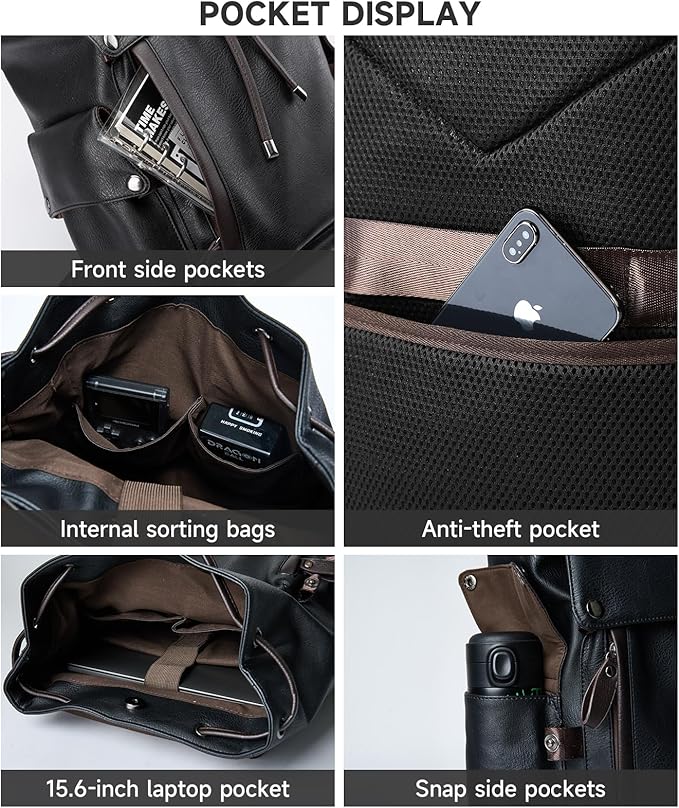 Laptop Travel Backpack For Men Vintage PU Leather Water-Resistant College School Casual 15.6" Laptop Work Backpack Gift For Male Female Black