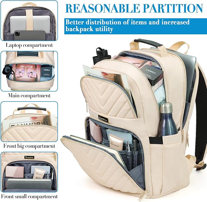 Travel Laptop Backpack for Women, 15.6 Inch Quilted Work Backpack Purse with USB Charging Port, School Backpack for Teens Girls Boys, Large Anti-theft Teacher Student Bookbags, Casual Daypacks, Beige