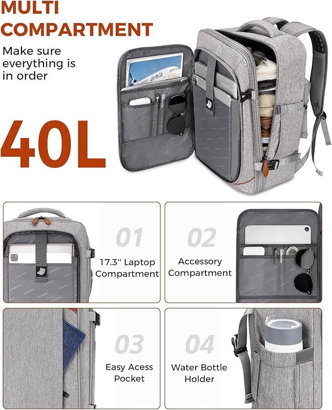 Vancropak Carry on Backpack, Flight Approved 18x14x8 Travel Backpack with 3 Packing Cubes, Expandable Large 40L Travel Bag fits 17.3" Laptop, Anti Theft Luggage Suitcase Weekend for Women Men, Grey