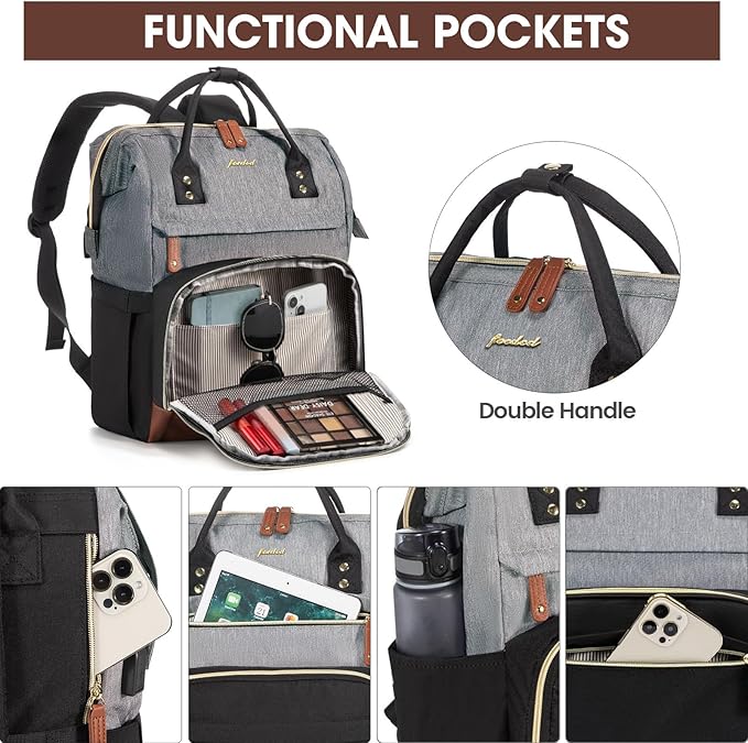 Laptop Backpack for Women Bag 15.6 Inch Work Business Backpacks Purse with USB Port Large Capacity Nurse Bag Backbag, Casual Daypack for Travel, Black-Grey-Brown
