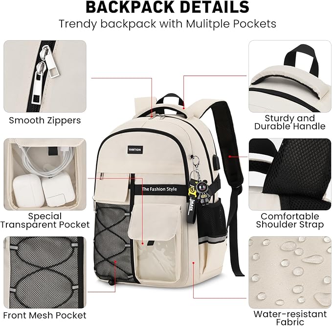 YAMTION Backpack for Teens,Laptop Backpack with USB Charging Port for Work,Casual College Back Pack School Bookbag for Boys Kids,Beige