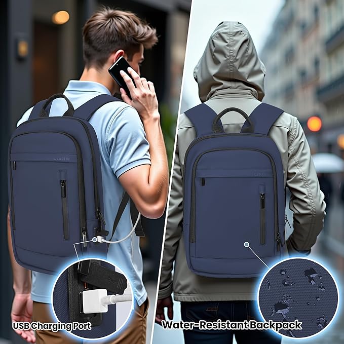 Business Backpack for Men Lightweight Commute Laptop Backpack Anti-Theft Water Resistant Backpack for 17.3 Inch Computer for Daily Office Work with Small Bag (Blue, 17.3")